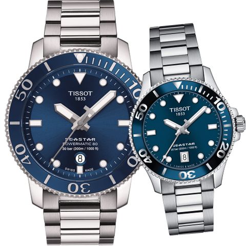 TISSOT 天梭 官方授權 Seastar 海星潛水對錶-T1204071104103+T1202101104100