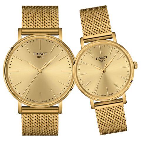 TISSOT 天梭 官方授權 EVERYTIME 經典米蘭時尚對錶/金 (T1434103302100+T1432103302100)