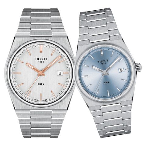 TISSOT 天梭 官方授權 PRX系列 復刻款酒桶形石英對錶/銀+淺藍 (T1374101103100+T1372101135100)