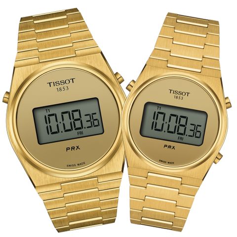 TISSOT 天梭 PRX Digital 數位石英對錶-金 禮物推薦 送禮首選 / T1374633302000+T1372633302000