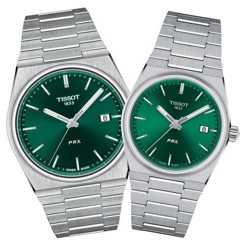 TISSOT 天梭 PRX 復古石英對錶-綠 禮物 推薦 T1374101109100+T1372101108100