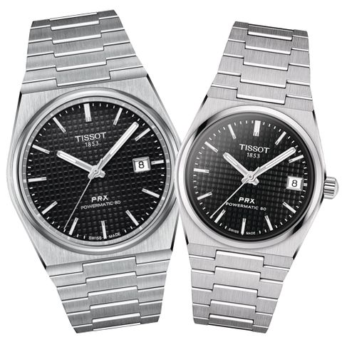 TISSOT 天梭 PRX 復古機械對錶-黑 雙11 特惠 T1374071105100+T1372071105100