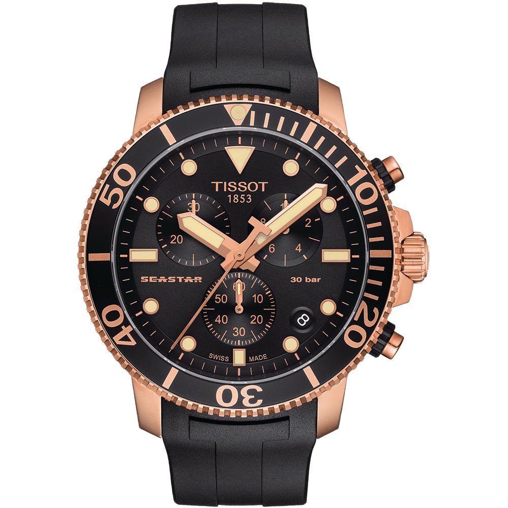 TISSOT 天梭   官方授權 Seastar 1000海洋之星三眼計時300米潛水錶/黑X金/45mm/T1204173705100