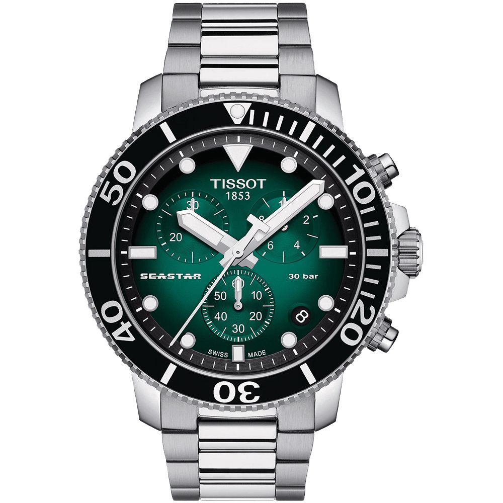 TISSOT 天梭   官方授權 Seastar 1000海洋之星三眼計時300米潛水錶/綠/45.5mm/T1204171109101