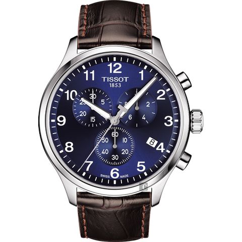 24小時快速出貨TISSOT 天梭 韻馳系列 Chrono XL計時手錶-藍x咖啡/45mm T1166171604700