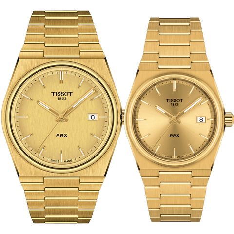 TISSOT 天梭 官方授權 PRX系列 70年代復刻石英對錶 情侶手錶-金 T1374103302100+T1372103302100