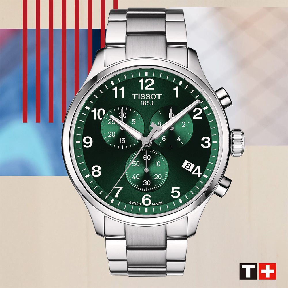 TISSOT 天梭   官方授權 Chrono XL三眼計時運動錶/綠X銀/45mm/T1166171109200