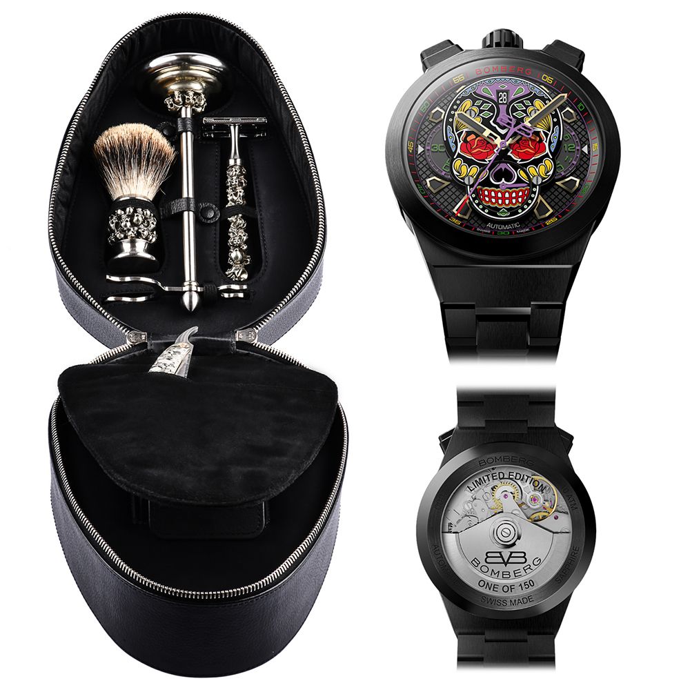 BOMBERG 炸彈錶 BOLT-68 NEO系列 黑色卡拉維拉機械計時碼錶+骷髏修容套件組_BF44CHAPBA.04-2.12