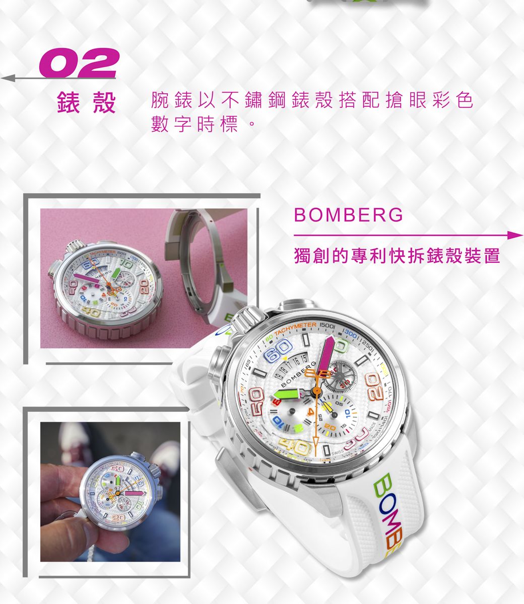 02錶殼腕錶以不鏽鋼錶殼搭配搶眼彩色數字時標。BOMBERG獨創的專利快拆錶殼裝置TACHYMETER60    BOMBERG20BOMB