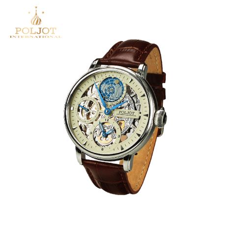 POLJOT 德國寶傑錶 9730.2940552 GMT鏤空香檳盤地球機械錶 43mm 男/女錶