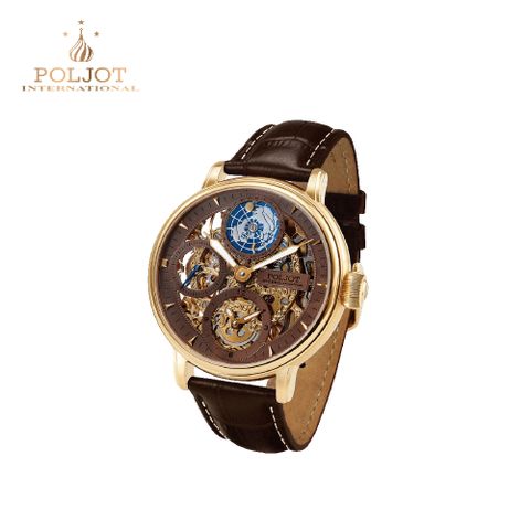 POLJOT 德國寶傑錶 9730.2940654 GMT 鏤空黃金銅地球機械錶 43mm 男/女錶