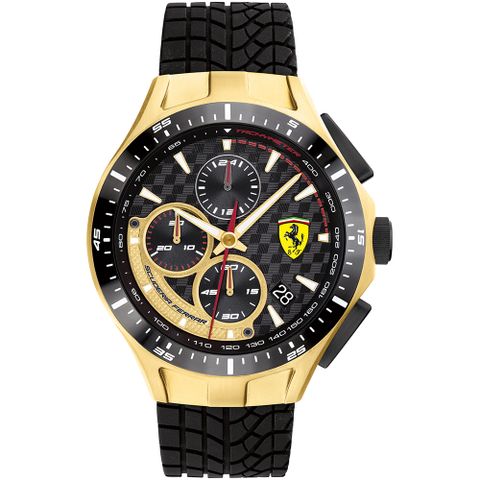 送限量贈品，送完為止Scuderia Ferrari 法拉利 賽車格紋三眼計時錶/金X黑/44mm/FA0830700