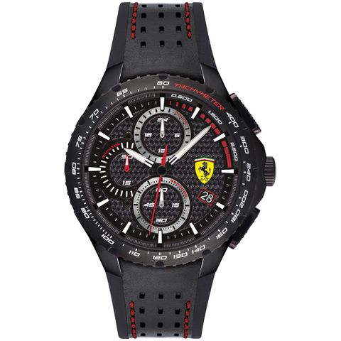 送限量贈品，送完為止Scuderia Ferrari 法拉利 賽車稜紋三眼計時錶/黑/44mm/FA0830734