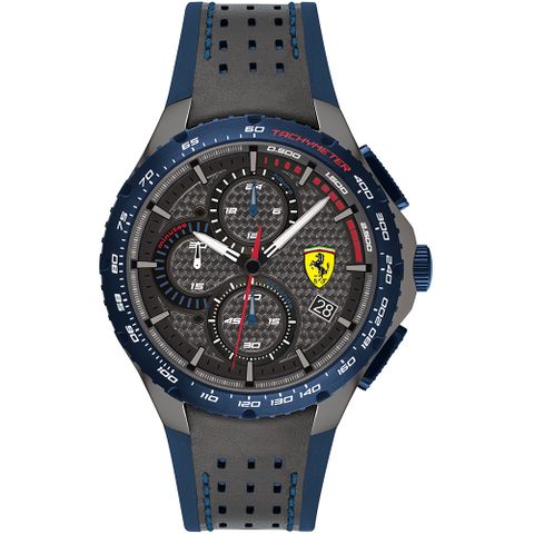 送限量贈品，送完為止Scuderia Ferrari 法拉利 賽車稜紋三眼計時錶/灰X藍/44mm/FA0830735