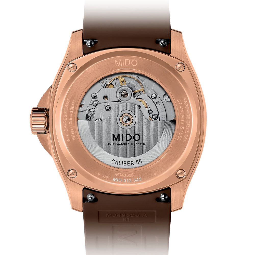 WATER-RESISTANT (100m/330ftMIDOMIDOSWISS WATCHES SINCE 1918CALIBERM04952680 MID 012 345 ASTAINLESS SAPPHIRE CRYSTAL