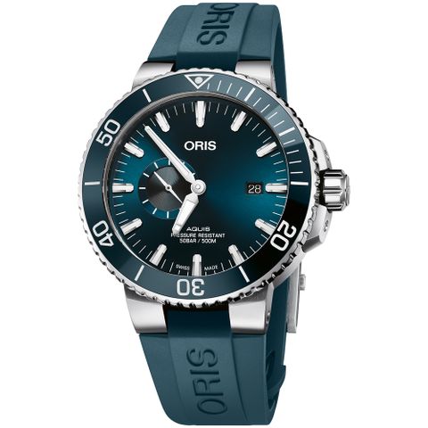 Oris豪利時 Aquis 小秒針 500米專業潛水機械錶-藍x銀/45.5mm 0174377334155-0742469EB