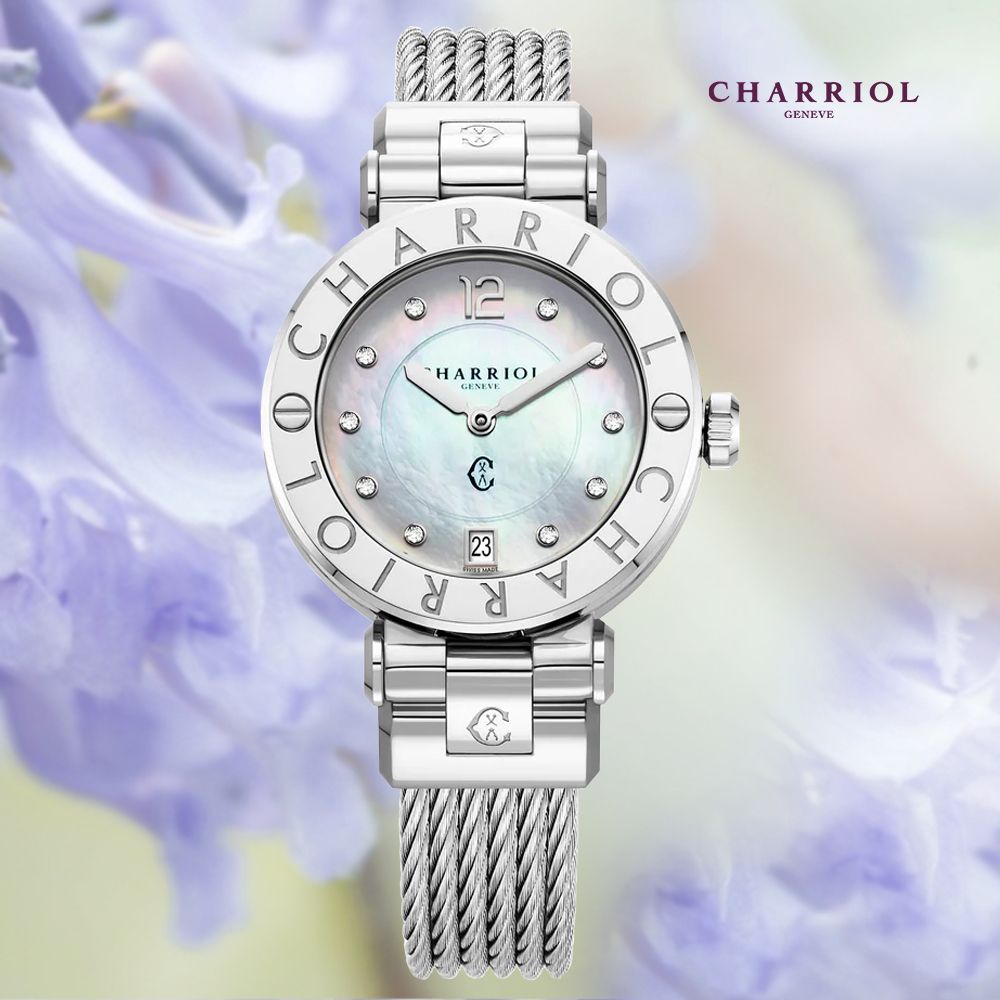 CHARRIOL 夏利豪   St-Tropez 珍珠母貝錶盤 鑲鑽石英女腕錶-銀色36mm(CR36S.590.001)