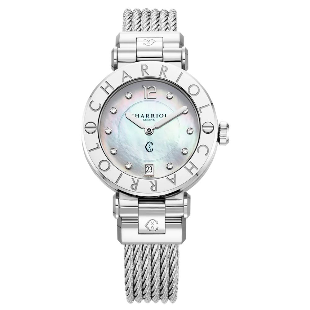 CHARRIOL 夏利豪   St-Tropez 珍珠母貝錶盤 鑲鑽石英女腕錶-銀色36mm(CR36S.590.001)