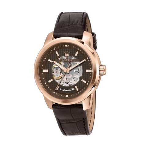 MASERATI 瑪莎拉蒂SUCCESSO鏤空玫瑰金咖啡色皮帶機械腕錶44mm(R8821121001)