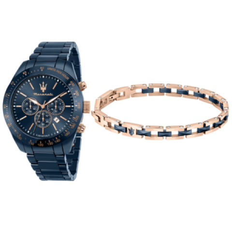 【Maserati 瑪莎拉蒂】TRAGUARDO CERAMIC經典都會時尚三眼陶瓷腕錶+手環套組-寶藍系/R8873650003/台灣總代理公司貨享兩年保固