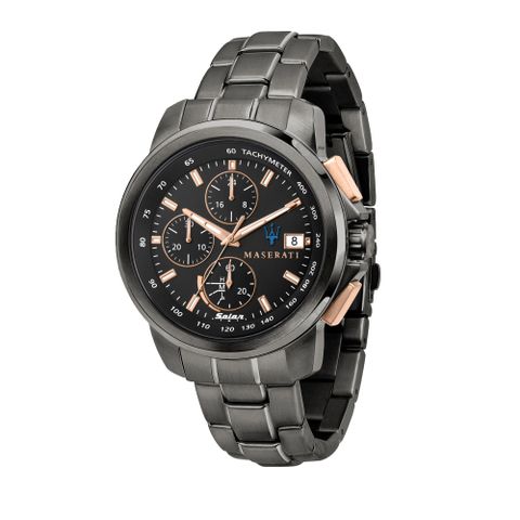 MASERATI 瑪莎拉蒂 SUCCESSO 光動能玫瑰金黑鋼腕錶44mm(R8873645001)