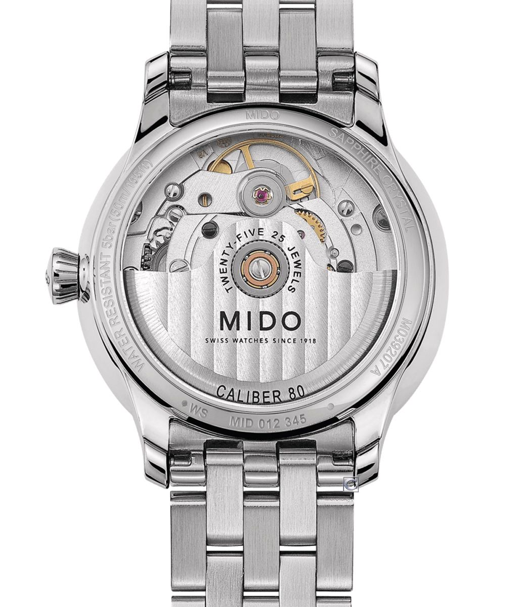 MIDOSAPPHIREWATER RESISTANT 5bar (50mMIDOSWISS WATCHES SINCE 1918  WSCALIBER 80MID 012 345M039207 A