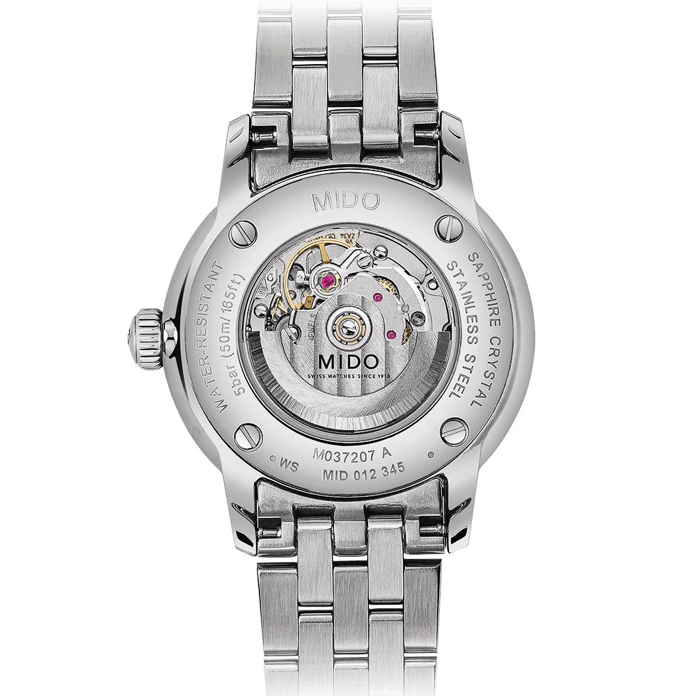 WATER-RESISTANT (50m/165ft)MIDOMIDOM037207 AMID 012 345STAINLESS STEELSAPPHIRE CRYSTAL