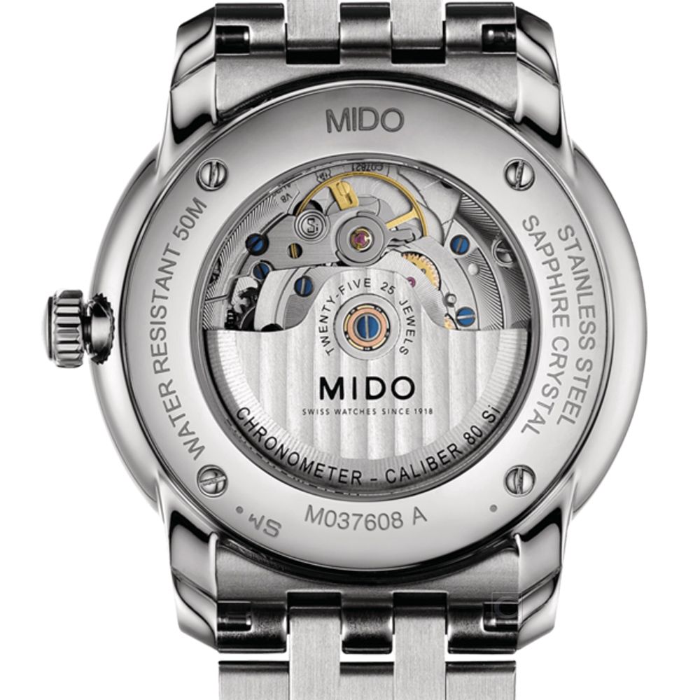 WATER RESISTANT 50MMIDO25JEWELSSAPPHIRE CRYSTALSTAINLESS STEELMIDOSWISS WATCHES SINCE 1918CHRONOMETERBER 80 CALIBERM037608 A