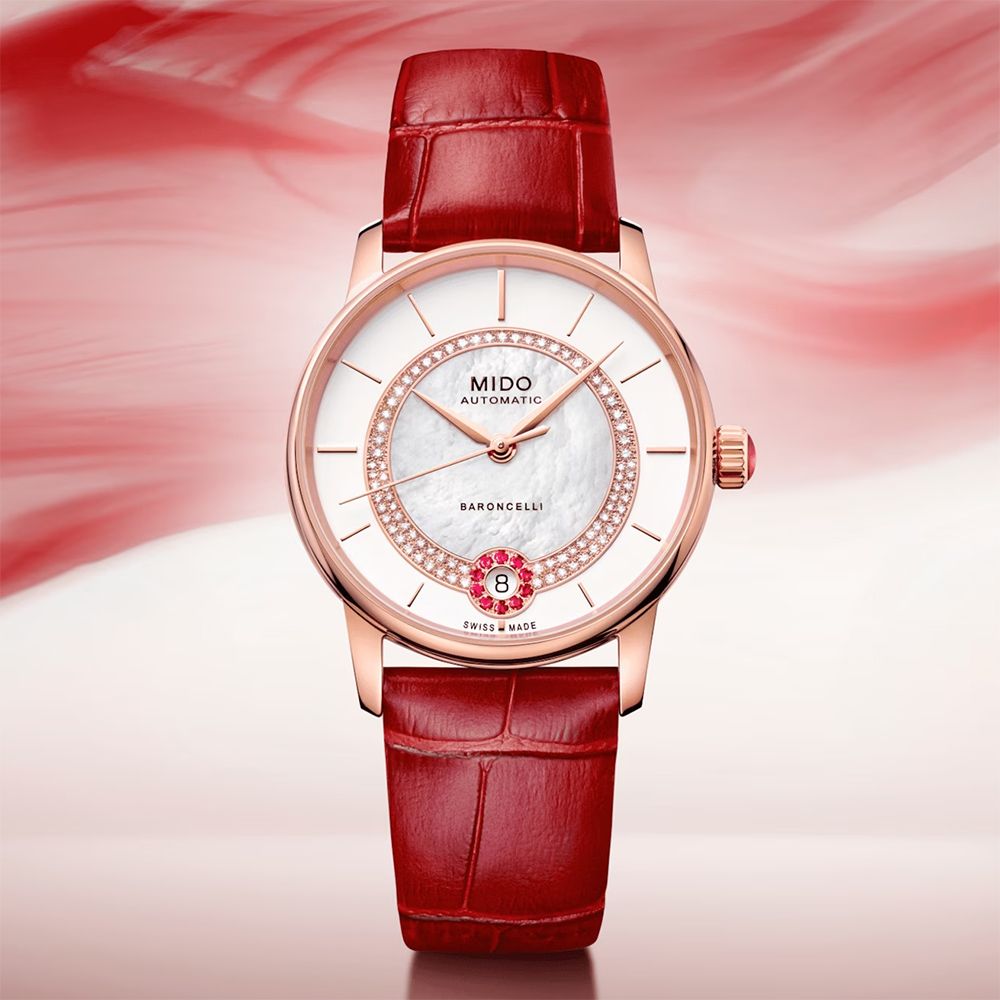 MIDO 美度 BARONCELLI 永恆真鑽紅寶石機械女錶 M0432073611800