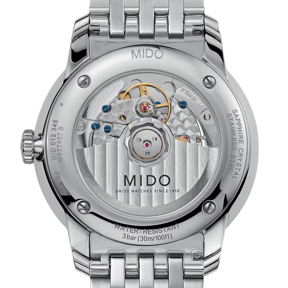 MIDOMID 012 345M027407 BSMSTAINLESS STEELSAPPHIRE CRYSTALMIDOSWISS WATCHES SINCE 1918WATER3 bar (30m/100ft)