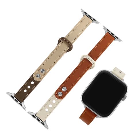 Apple 蘋果 Watch 全系列通用錶帶 手錶替用錶帶 雙釘扣 雙色真皮錶帶 褐x杏色/米白x棕色