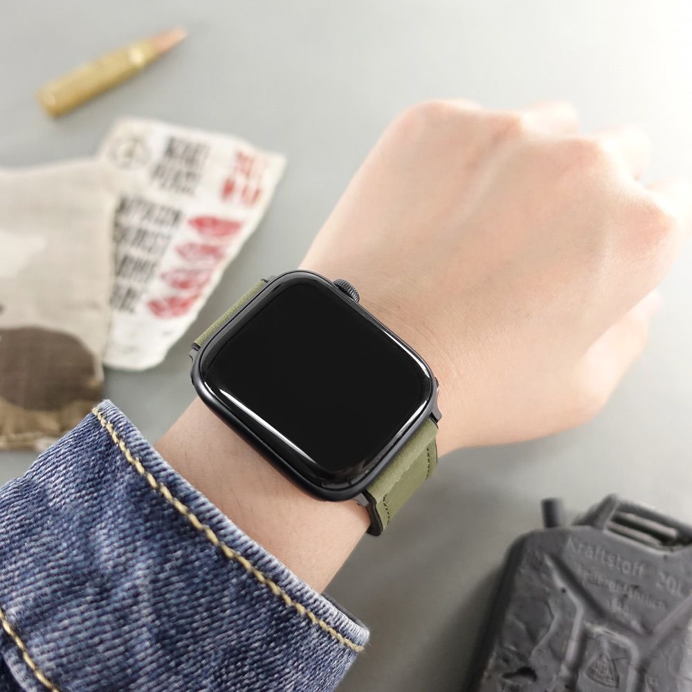 Apple 蘋果  Watch 全系列通用錶帶 手錶替用錶帶 黑鋼磁吸扣 外皮革內橡膠錶帶 綠色#858-336IC-GN