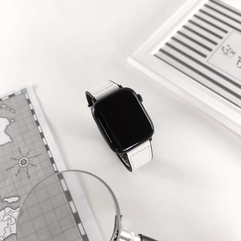 Apple 蘋果 Watch 全系列通用錶帶 手錶替用錶帶 黑鋼扣 外層真皮 內層橡膠錶帶 白色#858-318-WE