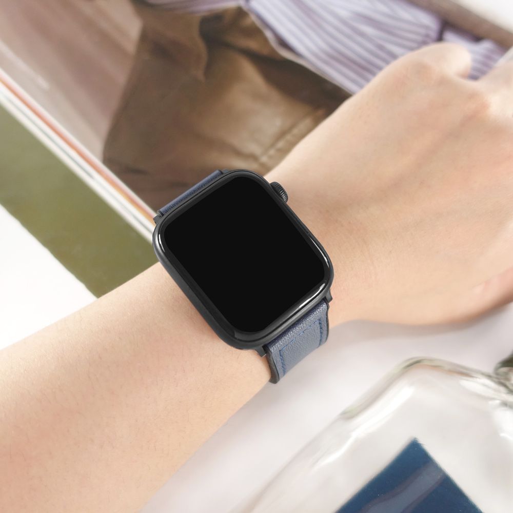 Apple 蘋果  Watch 全系列通用錶帶 手錶替用錶帶 黑鋼磁吸扣 外皮革內橡膠錶帶 藍色#858-336IC-BE