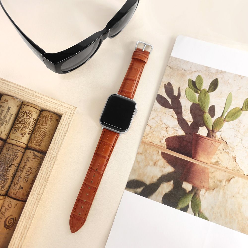 Apple 蘋果 Apple Watch 全系列通用錶帶 蘋果手錶替用錶帶 壓紋牛皮錶帶 淺咖啡色 / 213-KT-04