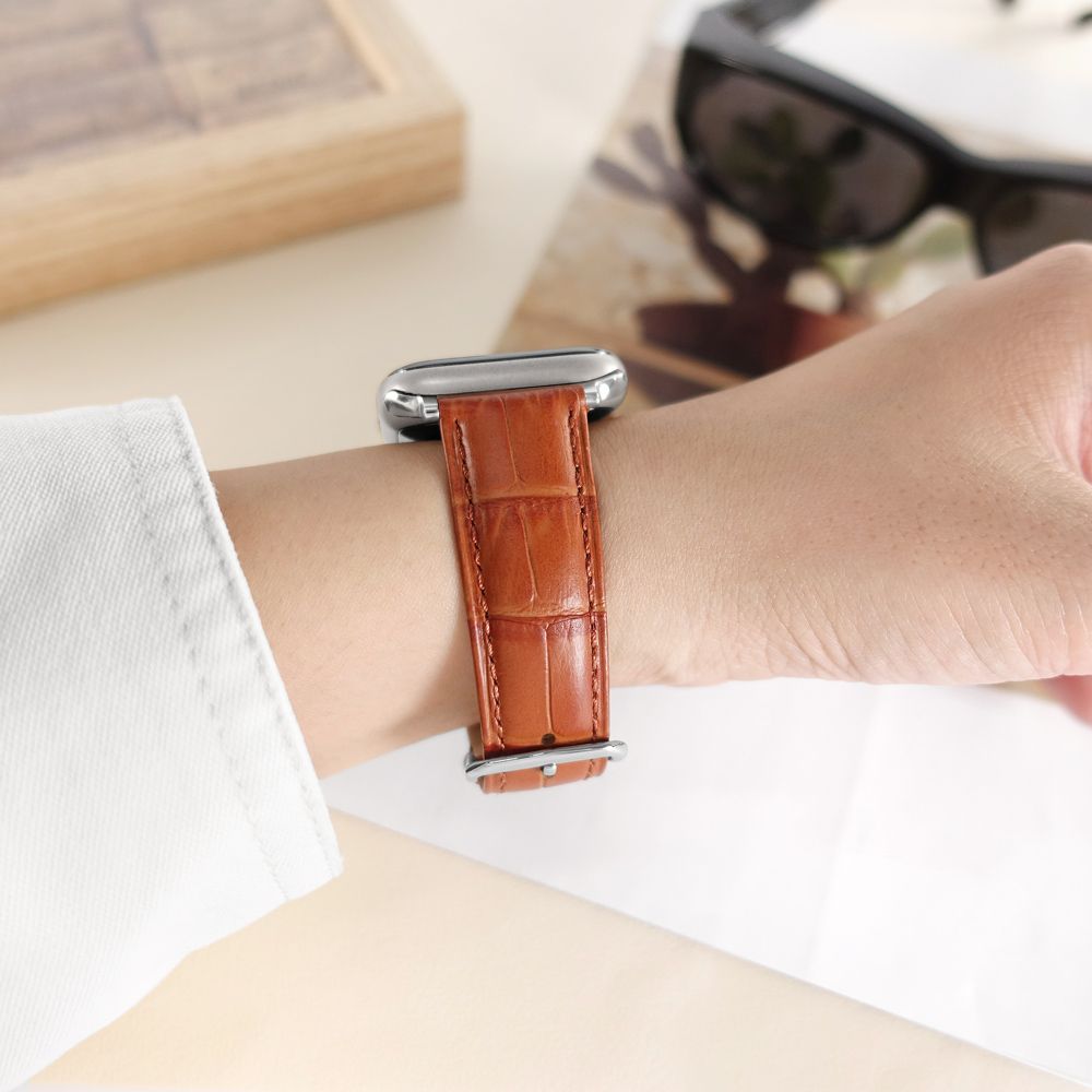 Apple 蘋果 Apple Watch 全系列通用錶帶 蘋果手錶替用錶帶 壓紋牛皮錶帶 淺咖啡色 / 213-KT-04