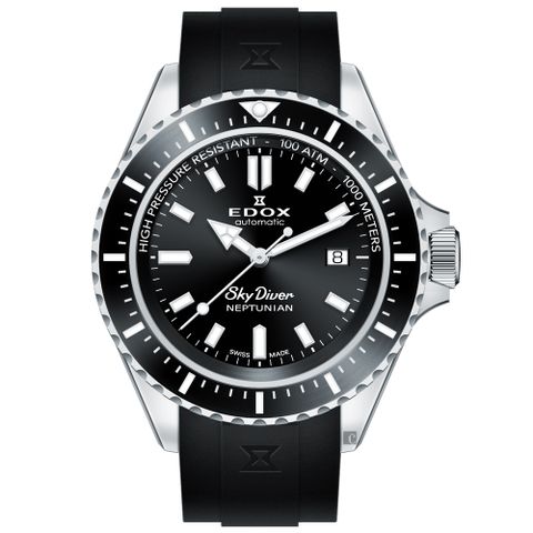 原廠公司貨EDOX SkyDiver 海神波賽頓 1000米潛水機械錶-黑 E80120.3NCA.NIN