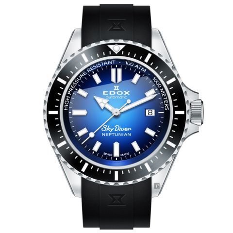 原廠公司貨EDOX SkyDiver 海神波賽頓 1000米潛水機械錶-藍x黑 E80120.3NCA.BUIDN