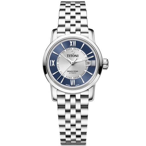 【TITONI瑞士梅花錶】 天星系列 藍銀雙色錶盤/不鏽鋼鍊帶-28mm(23538 S-580)