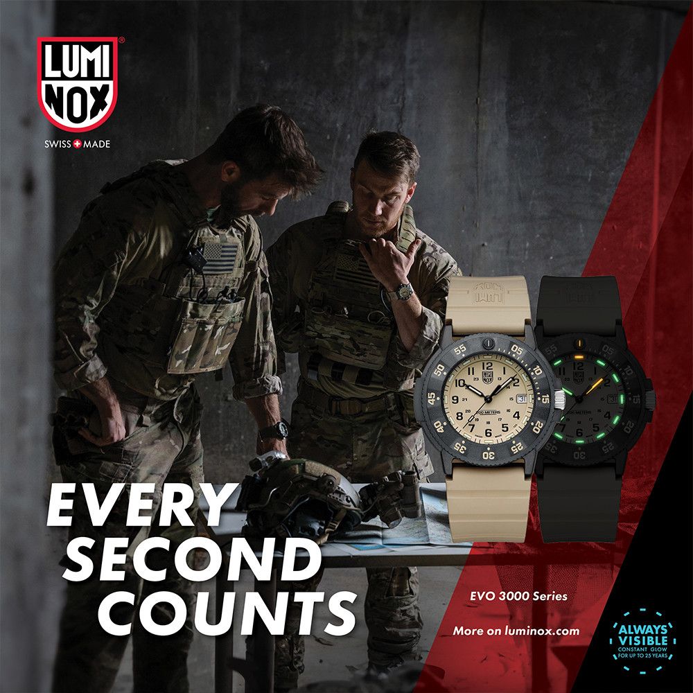 LUMNOXSWSS  ME55 AD86512  4EVERYSECONDCOUNTSEVO 3000 SeriesMore on luminox.comALWAYSI VISIBLE ICONSTANT GLOWFOR UP TO 25 YEARS