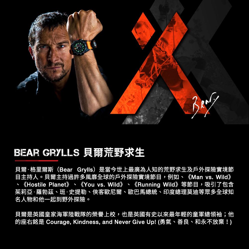 BEAR GRYLLS 貝爾荒野求生貝爾·格里爾斯(Bear Grylls)是當今世上最廣為人知的荒野求生及戶外探險實境節目主持人。貝爾主持過許多風靡全球的戶外探險實境節目,例如、《Man vs Wild》、《Hostile Planet》 《You vs. Wild》 《Running Wild》等節目,吸引了包含茱莉亞·羅勃茲、班·史提勒、俠客歐尼爾、歐巴馬總統、印度總理莫迪等眾多全球知名人物和他一起到野外探險。.貝爾是英國皇家海軍陸戰隊的榮譽上校,也是英國有史以來最年輕的童軍總領袖;他的座右銘是 Courage, Kindness, and Never Give Up!(勇氣、善良、和永不放棄!)