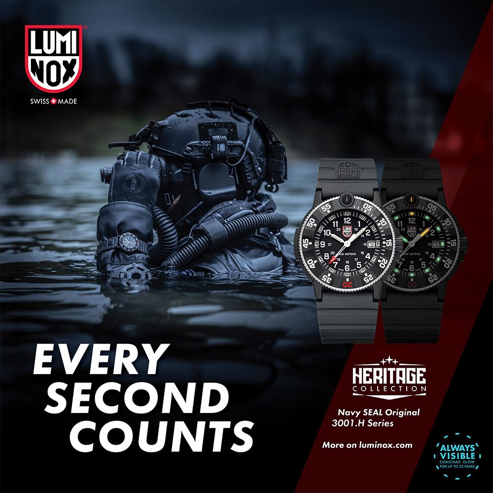 LUMNOXSWSS MADE55111241205EVERYSECONDCOUNTSHERITAGECOLLECTIONNavy SEAL Original3001.H SeriesMore on luminox.comALWAYSI VISIBLE ICONSTANT GLOWFOR UP TO 25 YEARS