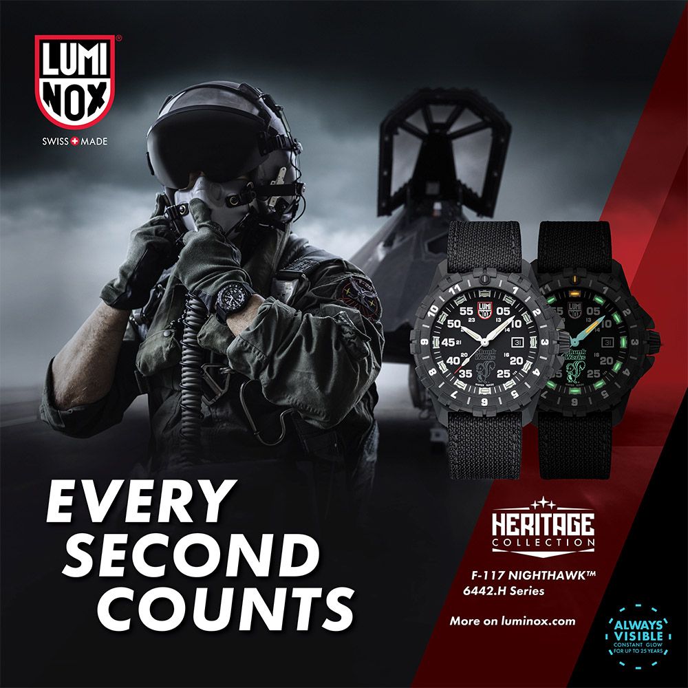 LUNOXSWSS  MADE 45 35552305  0520EVERYSECONDCOUNTSHERITAGECOLLECTIONF-117 NIGHTHAWKM6442.H SeriesMore on luminox.comALWAYSI VISIBLE ICONSTANT GLOWFOR UP TO 25 YEARS