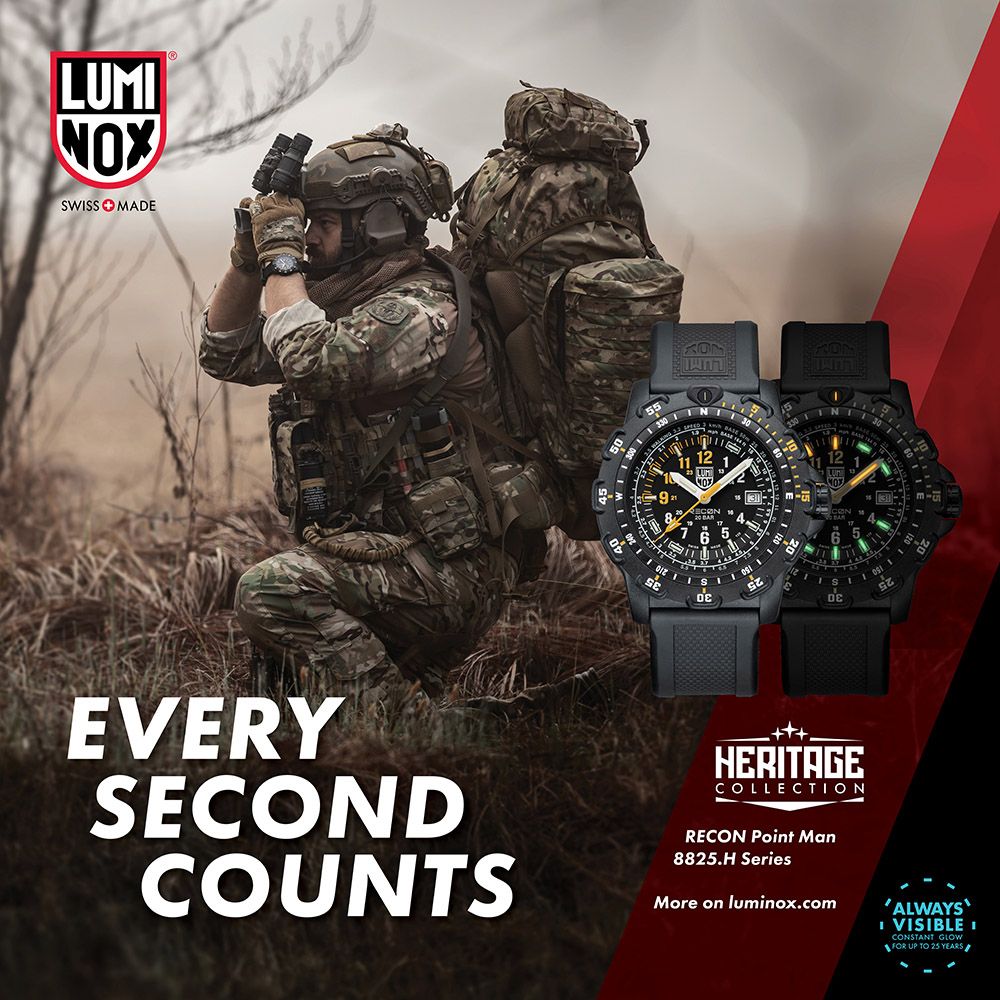 LUMNOXSWSS MA55 330 DEEVERYSECONDCOUNTSHERITAGECOLLECTIONRECON Point Man8825.H SeriesMore on luminox.comALWAYSI VISIBLE ICONSTANT GLOWFOR UP TO 25 YEARS