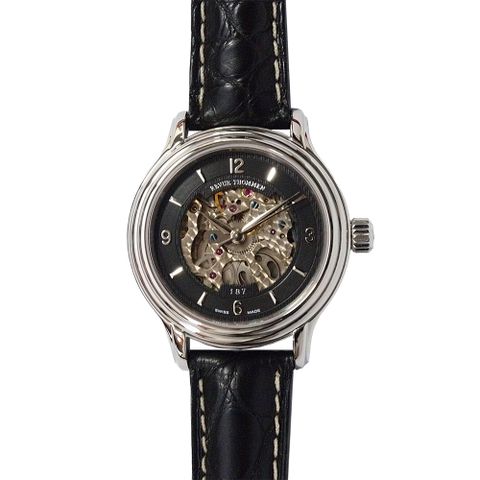 REVUE THOMMEN 梭曼錶 經典鏤空自動機械腕錶 黑色錶盤x皮帶/34mm (12500.2537)