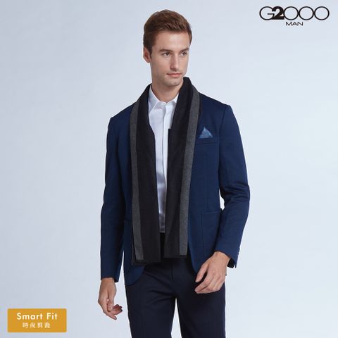 G2000時尚雙釦針織緹花附圍巾西裝式外套-藍色