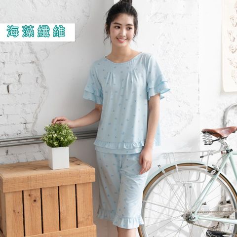 【華歌爾睡衣】環保海藻纖維 M-L短袖睡衣褲(藍) 居家休閒-LWB55001BU