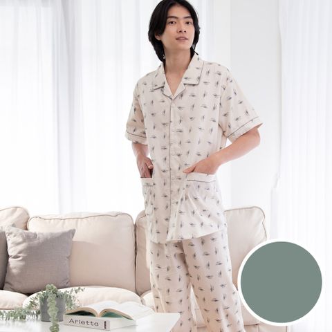 華歌爾睡衣-男士系列 M-LL國民領短袖褲裝(橄欖灰) 居家-純棉-LWZ74421FT