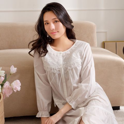 華歌爾睡衣-性感系列 M-L純棉浪漫全開襟洋裝(純淨白)-NNE12433CR