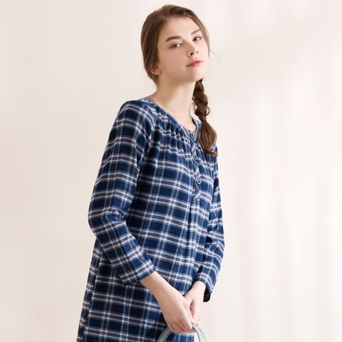 【華歌爾睡衣】家居系列 M-L格紋半開襟洋裝(海軍藍)-LWZ37433DP